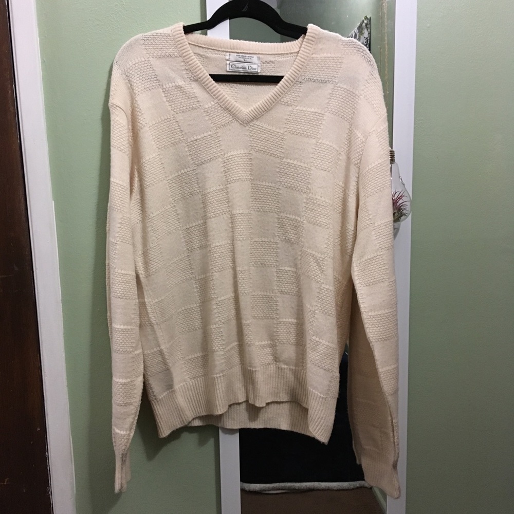 CHRISTIAN DIOR SWEATER BLOCK PATTERN WHITE V NECK